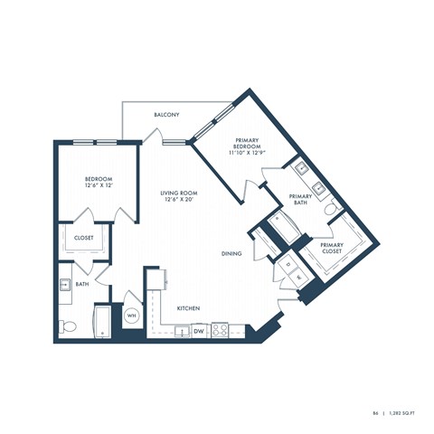 Floor plan for 2 beds, 2 baths, 1282 sqft